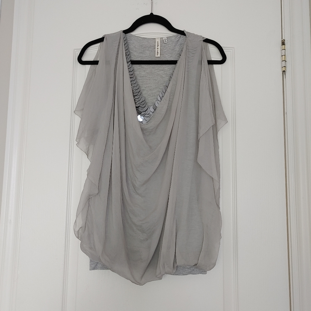 ROBBI & NIKKI Women Silk Tank with Silver Sequin Collar V-Neck Top